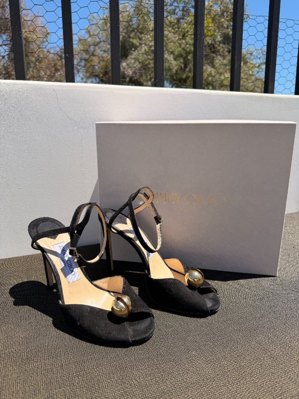 Jimmy Choo $950 VALUE Sacora 85 Black Suede Heels with Gold Embellishment